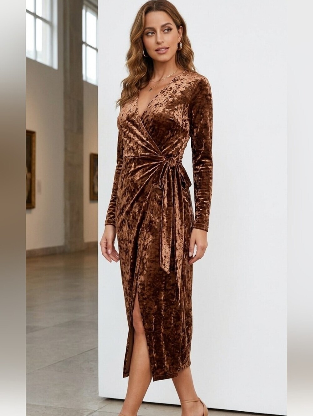 Paris Atelier & Other Stories Crushed Velour Wrap Dress Brown Midi Size 0